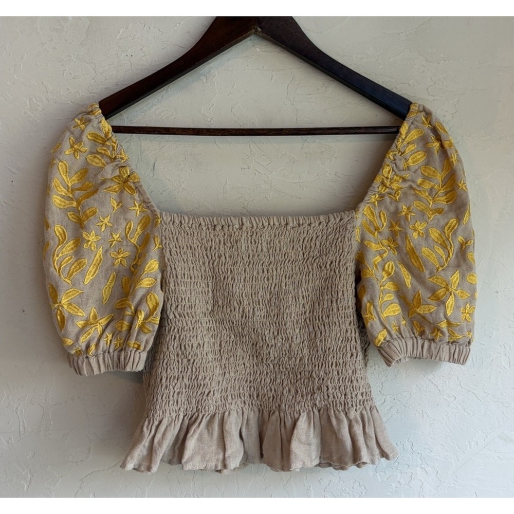 Voyageur By Mersea 100% Linen Smocked Embroidered Cropped Top S Boho Coastal